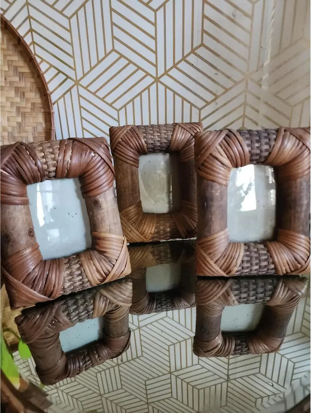 Vintage Set Of 3 Wicker And Bamboo Bohemian Photo Frames Tropical Decor 4x5
